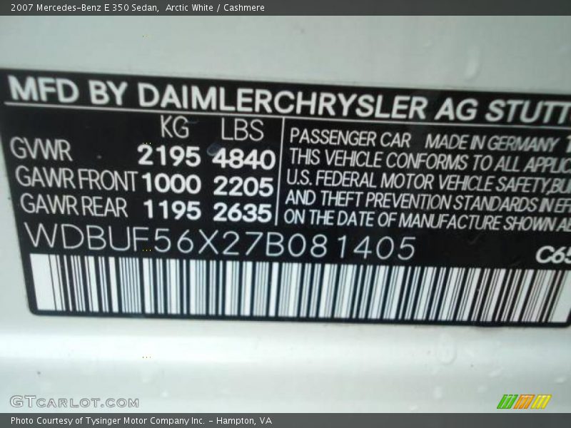 Arctic White / Cashmere 2007 Mercedes-Benz E 350 Sedan
