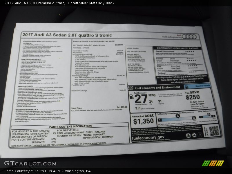  2017 A3 2.0 Premium quttaro Window Sticker