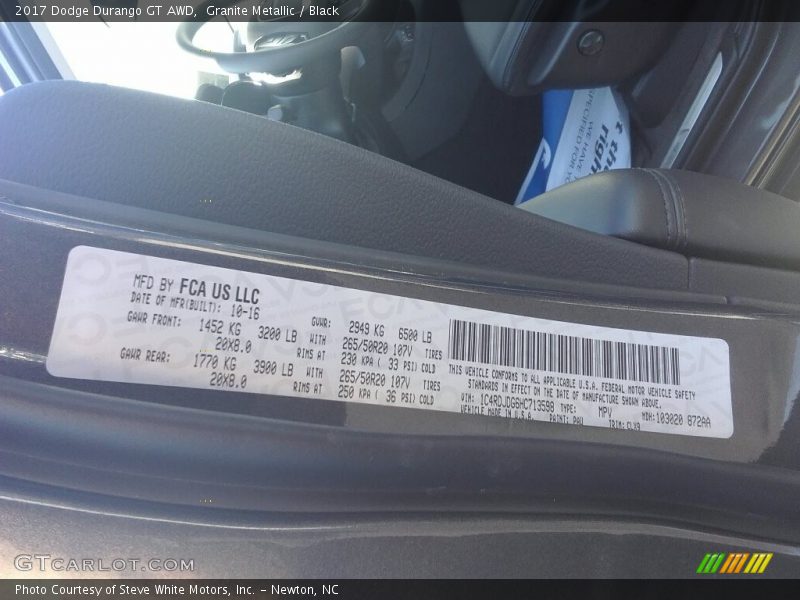 Granite Metallic / Black 2017 Dodge Durango GT AWD