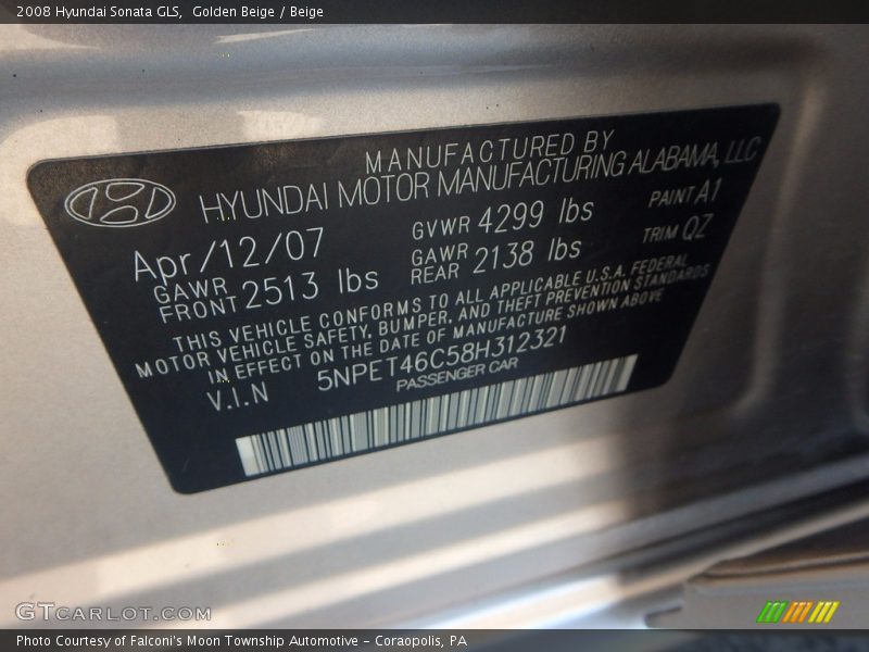 Golden Beige / Beige 2008 Hyundai Sonata GLS