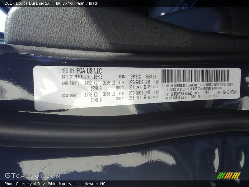2017 Durango SXT Blu By You Pearl Color Code PBU