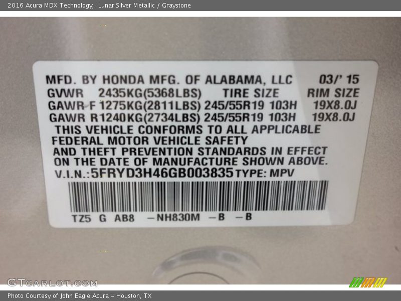 Lunar Silver Metallic / Graystone 2016 Acura MDX Technology