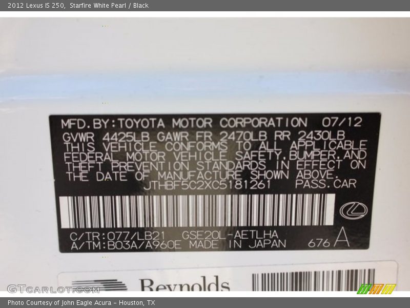 Starfire White Pearl / Black 2012 Lexus IS 250