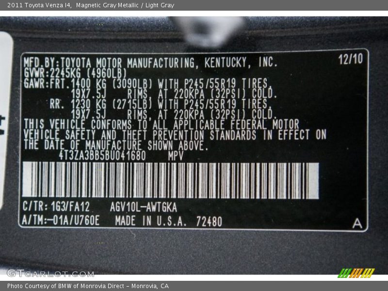 Magnetic Gray Metallic / Light Gray 2011 Toyota Venza I4