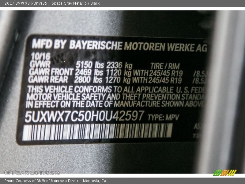 Space Gray Metallic / Black 2017 BMW X3 xDrive35i