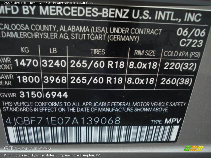 Pewter Metallic / Ash Grey 2007 Mercedes-Benz GL 450
