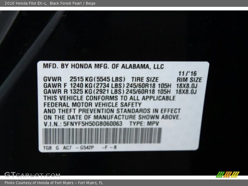 Black Forest Pearl / Beige 2016 Honda Pilot EX-L