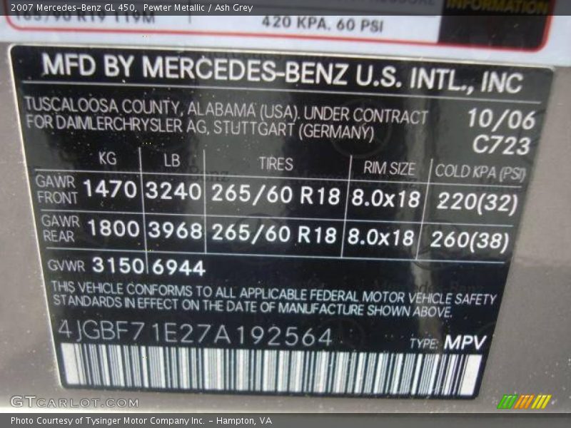 Pewter Metallic / Ash Grey 2007 Mercedes-Benz GL 450