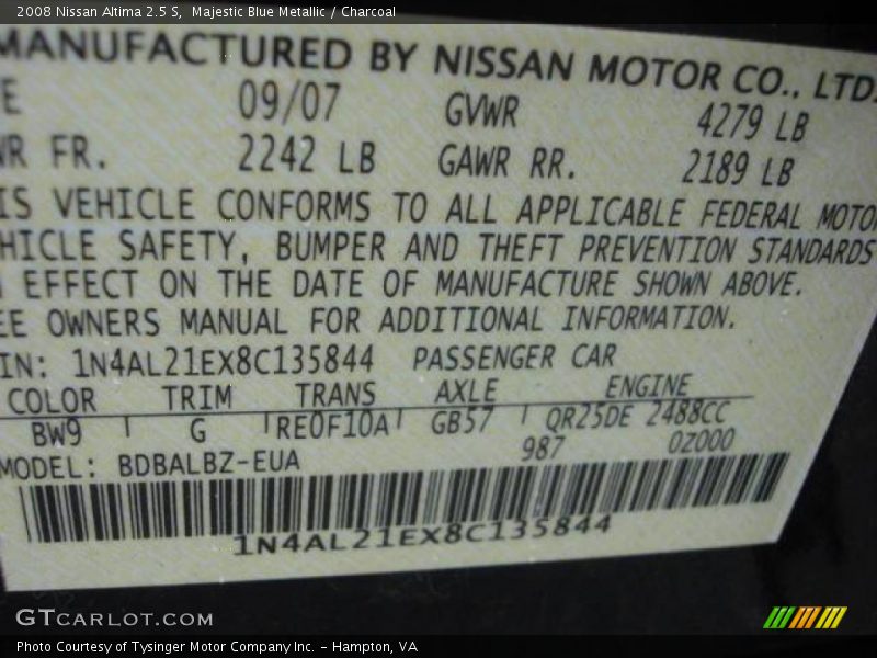 Majestic Blue Metallic / Charcoal 2008 Nissan Altima 2.5 S