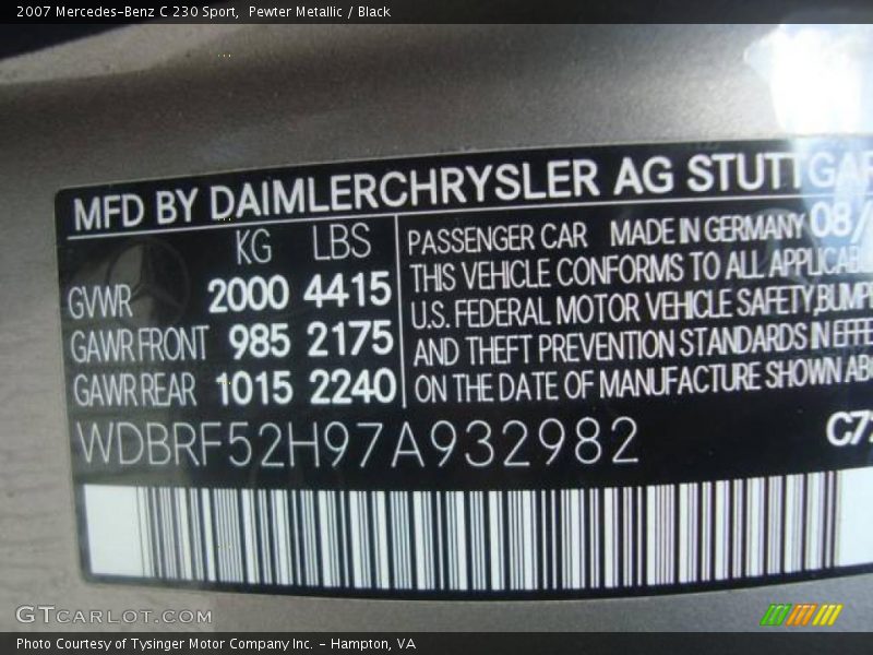 Pewter Metallic / Black 2007 Mercedes-Benz C 230 Sport