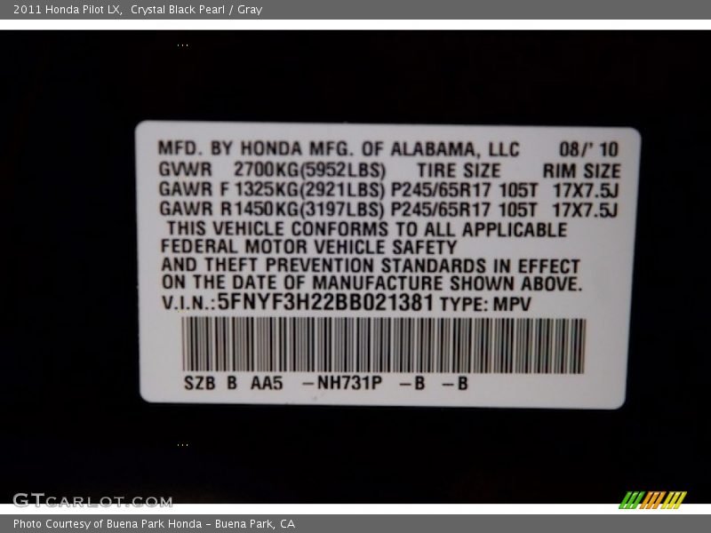 Crystal Black Pearl / Gray 2011 Honda Pilot LX