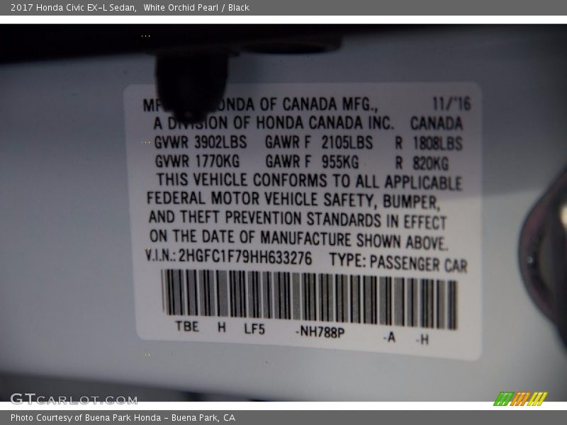 White Orchid Pearl / Black 2017 Honda Civic EX-L Sedan