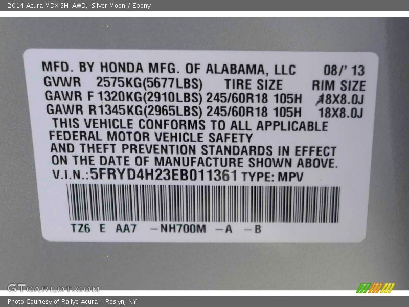 Silver Moon / Ebony 2014 Acura MDX SH-AWD