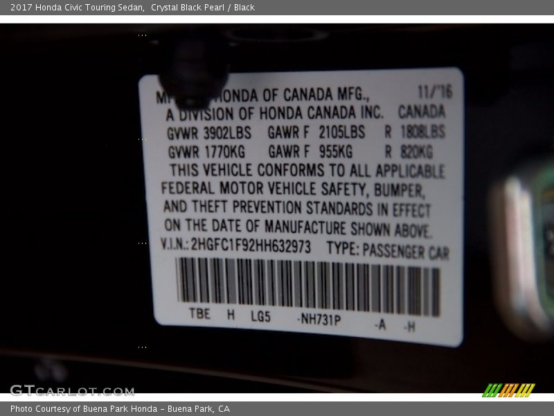Crystal Black Pearl / Black 2017 Honda Civic Touring Sedan