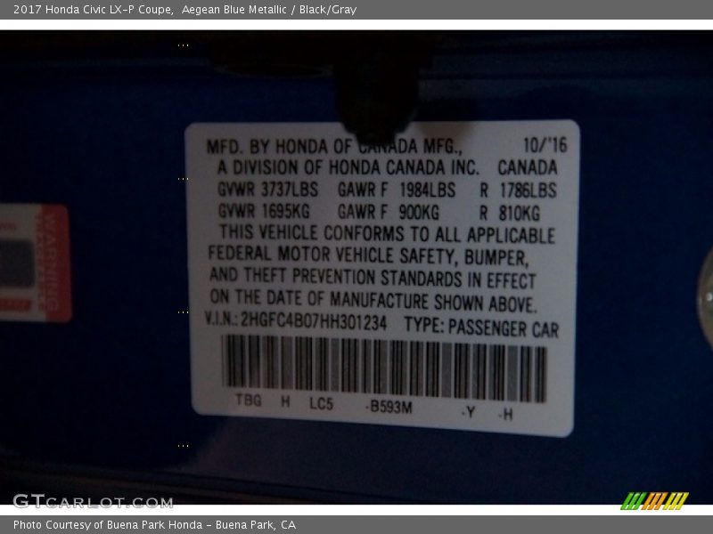Aegean Blue Metallic / Black/Gray 2017 Honda Civic LX-P Coupe