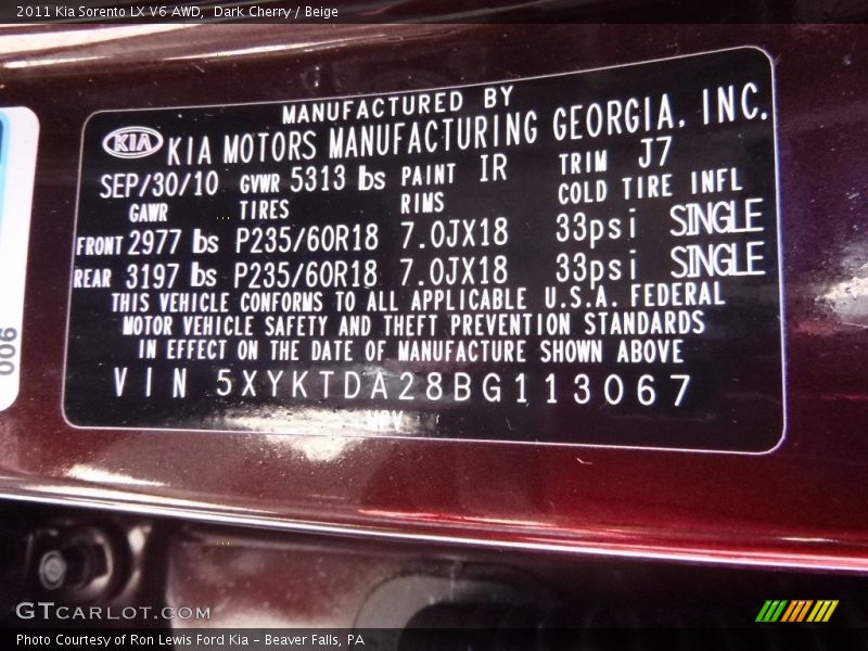 Dark Cherry / Beige 2011 Kia Sorento LX V6 AWD