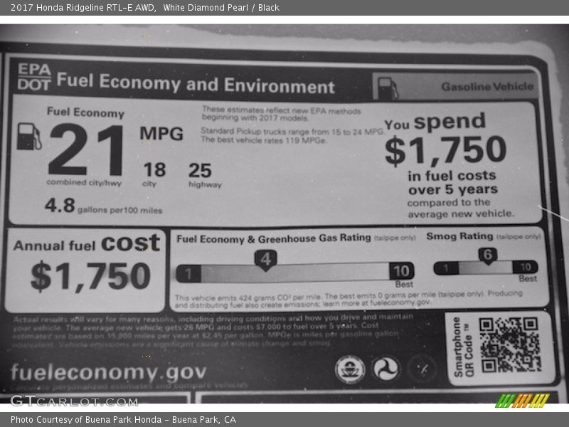 Info Tag of 2017 Ridgeline RTL-E AWD