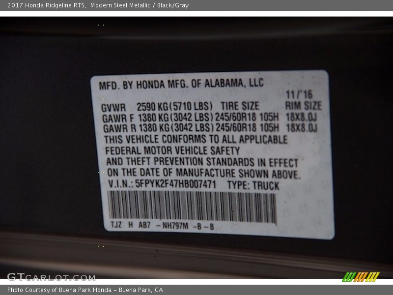 2017 Ridgeline RTS Modern Steel Metallic Color Code NH797M