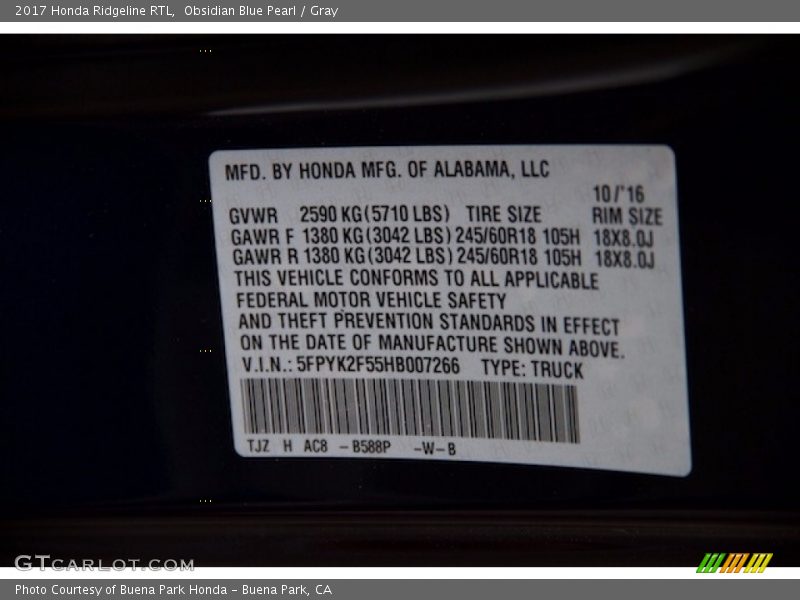 Obsidian Blue Pearl / Gray 2017 Honda Ridgeline RTL