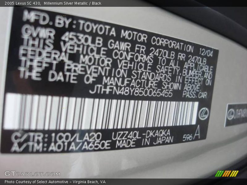 Millennium Silver Metallic / Black 2005 Lexus SC 430