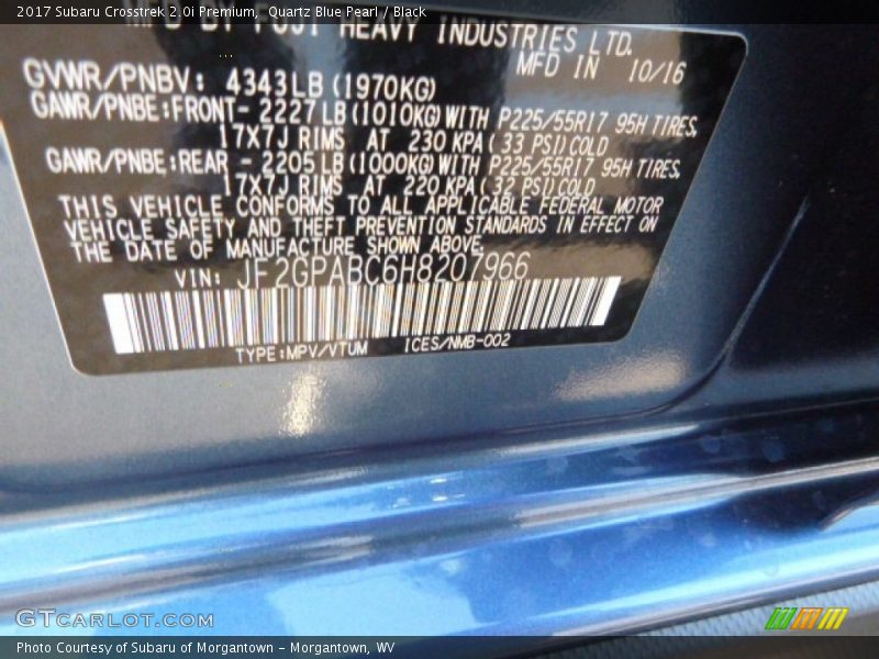 Quartz Blue Pearl / Black 2017 Subaru Crosstrek 2.0i Premium