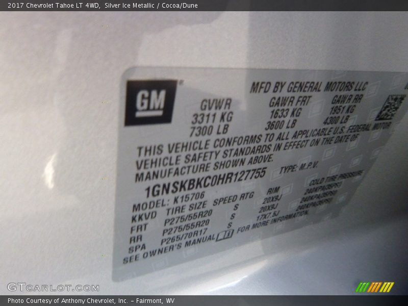 Silver Ice Metallic / Cocoa/Dune 2017 Chevrolet Tahoe LT 4WD