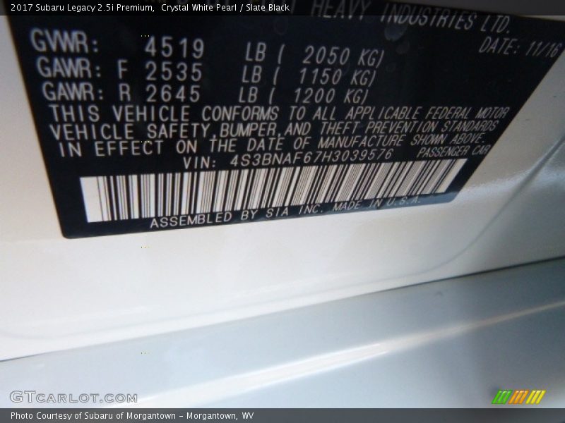 Crystal White Pearl / Slate Black 2017 Subaru Legacy 2.5i Premium