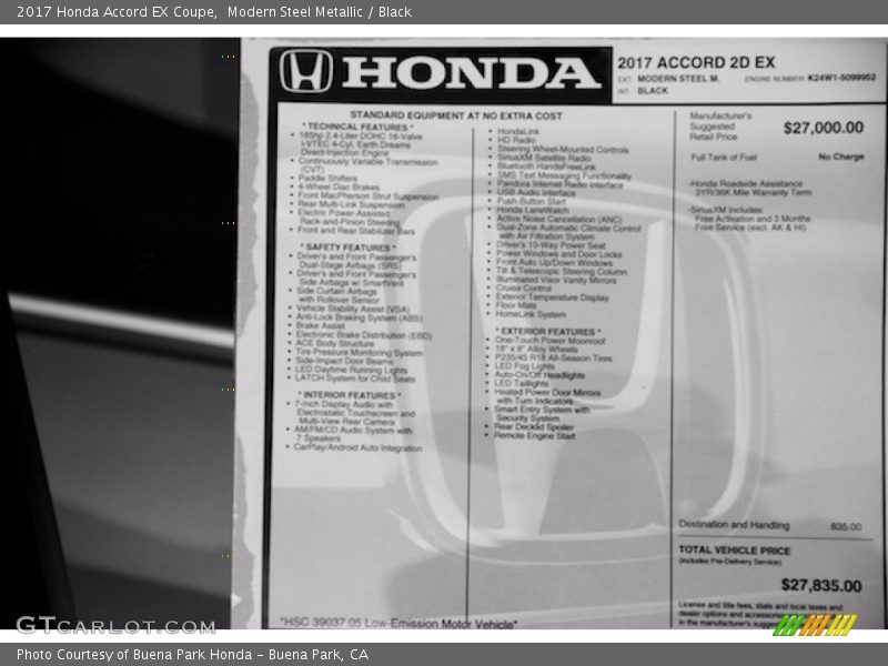 Modern Steel Metallic / Black 2017 Honda Accord EX Coupe