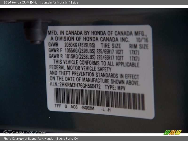 Mountain Air Metallic / Beige 2016 Honda CR-V EX-L