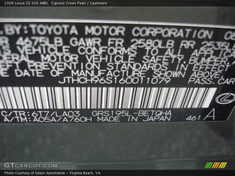 2006 GS 300 AWD Cypress Green Pearl Color Code 6T7