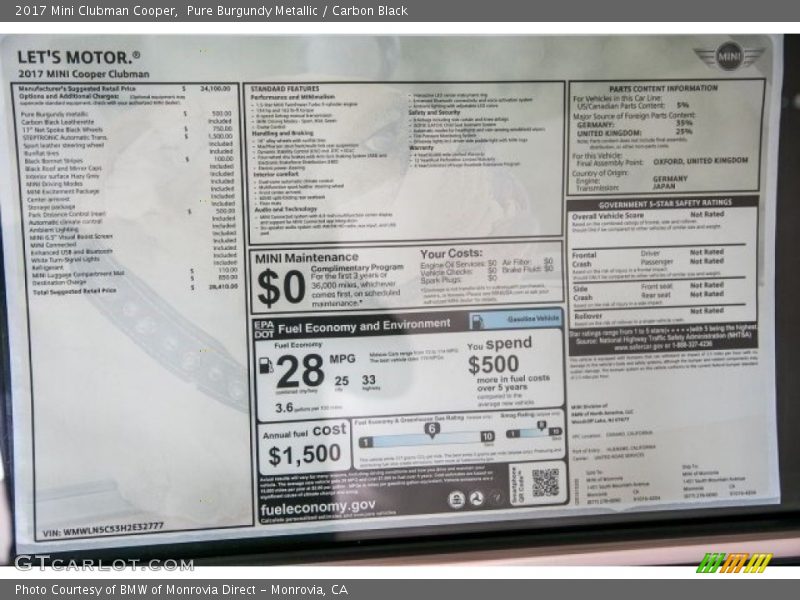 Pure Burgundy Metallic / Carbon Black 2017 Mini Clubman Cooper