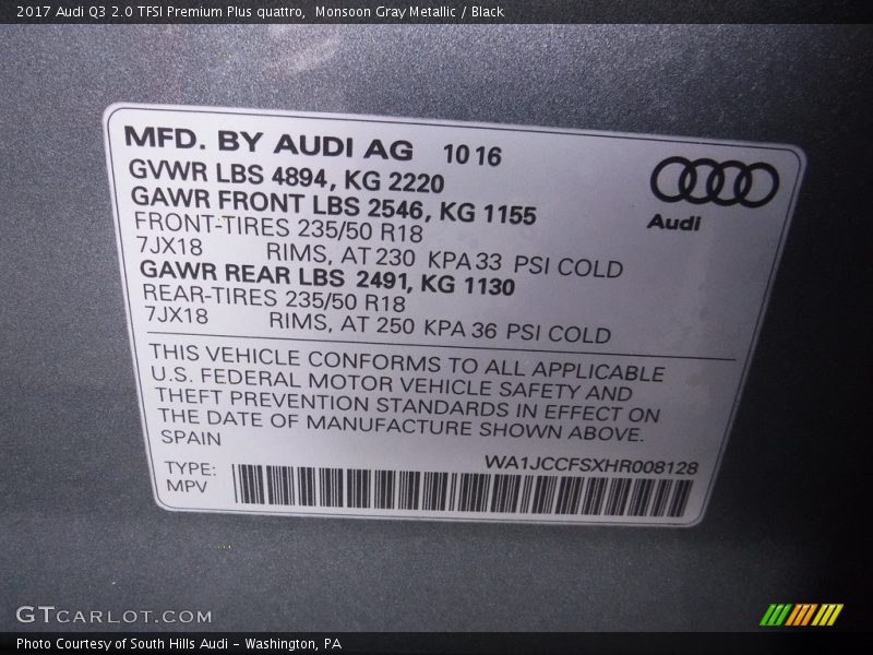 Monsoon Gray Metallic / Black 2017 Audi Q3 2.0 TFSI Premium Plus quattro