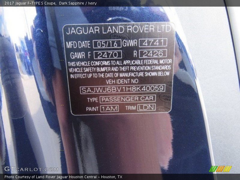 2017 F-TYPE S Coupe Dark Sapphire Color Code 1AM