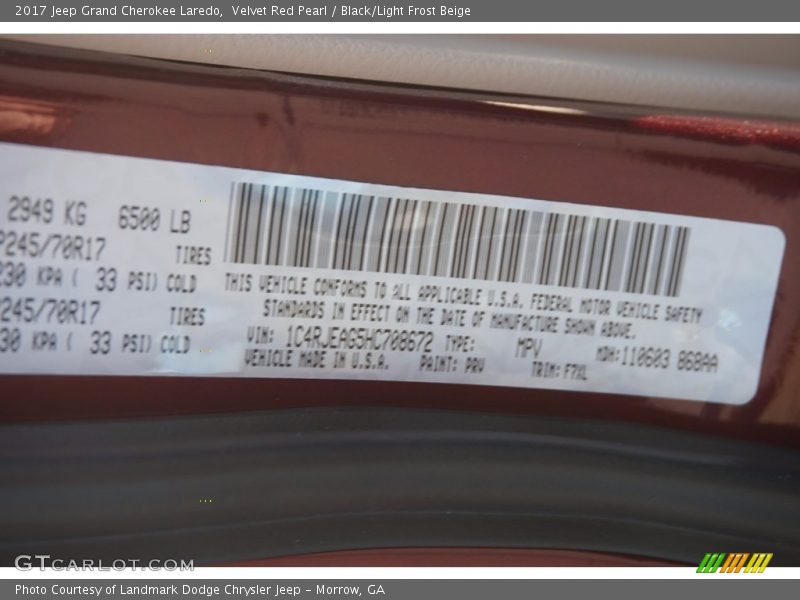 Velvet Red Pearl / Black/Light Frost Beige 2017 Jeep Grand Cherokee Laredo
