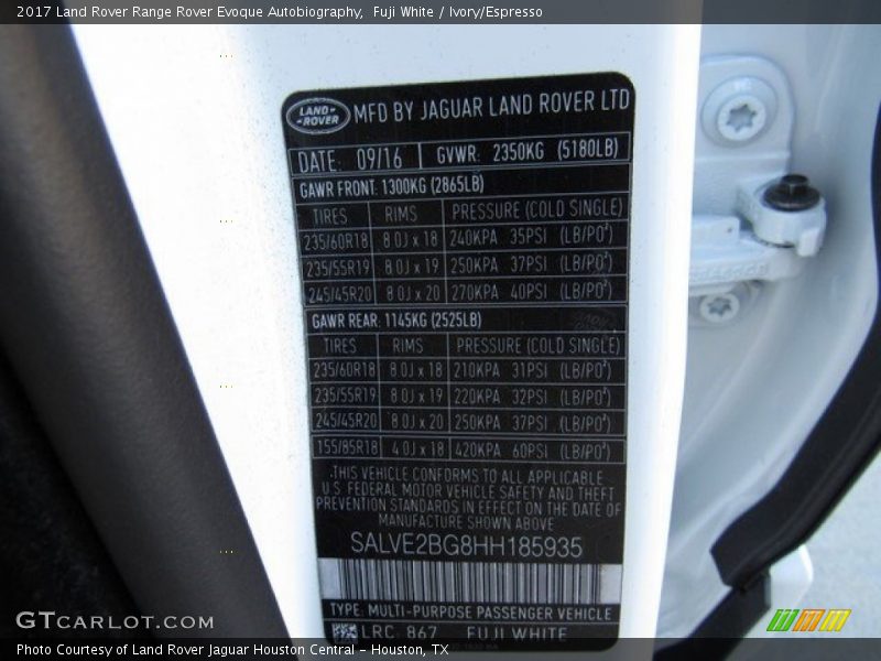 2017 Range Rover Evoque Autobiography Fuji White Color Code 867