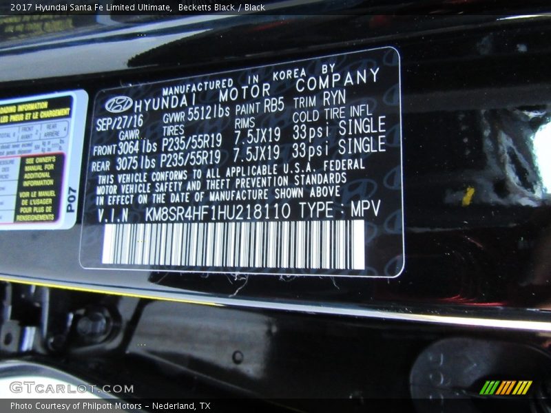 2017 Santa Fe Limited Ultimate Becketts Black Color Code RB5