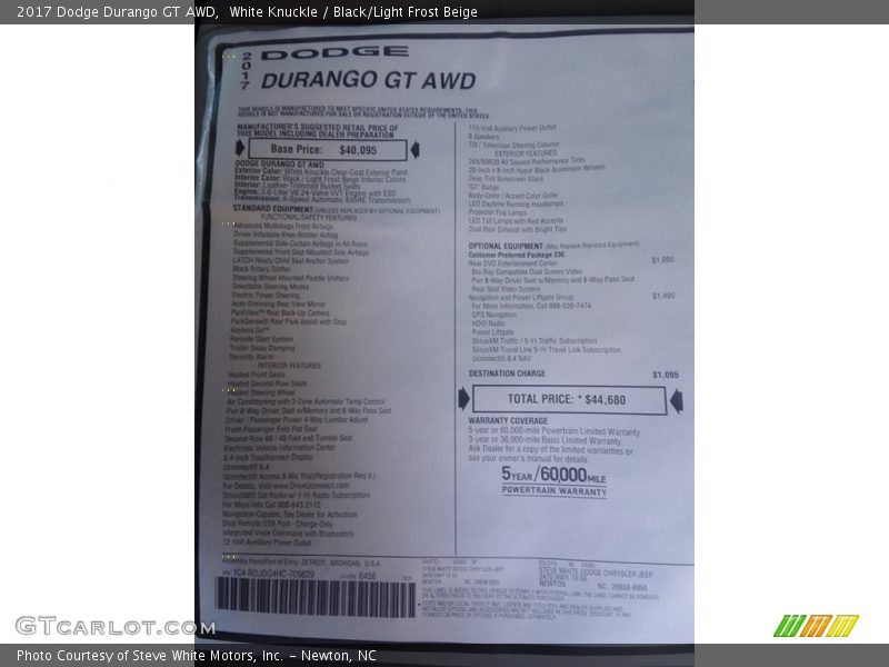 White Knuckle / Black/Light Frost Beige 2017 Dodge Durango GT AWD