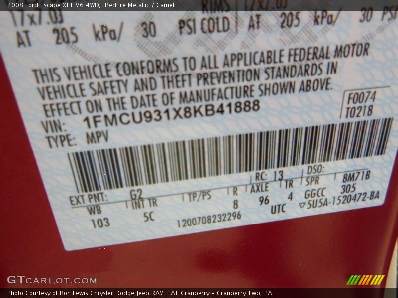 Redfire Metallic / Camel 2008 Ford Escape XLT V6 4WD