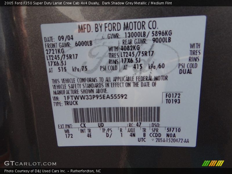 Dark Shadow Grey Metallic / Medium Flint 2005 Ford F350 Super Duty Lariat Crew Cab 4x4 Dually