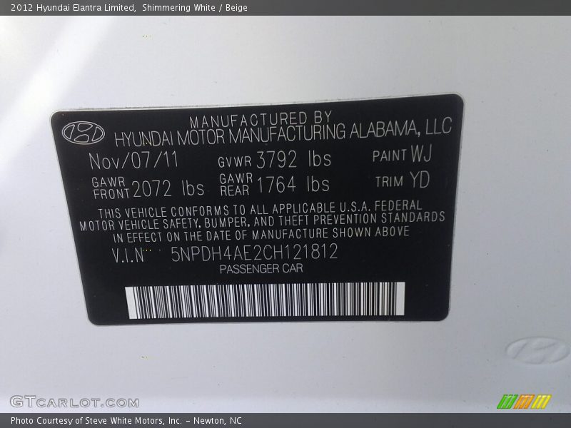 Shimmering White / Beige 2012 Hyundai Elantra Limited