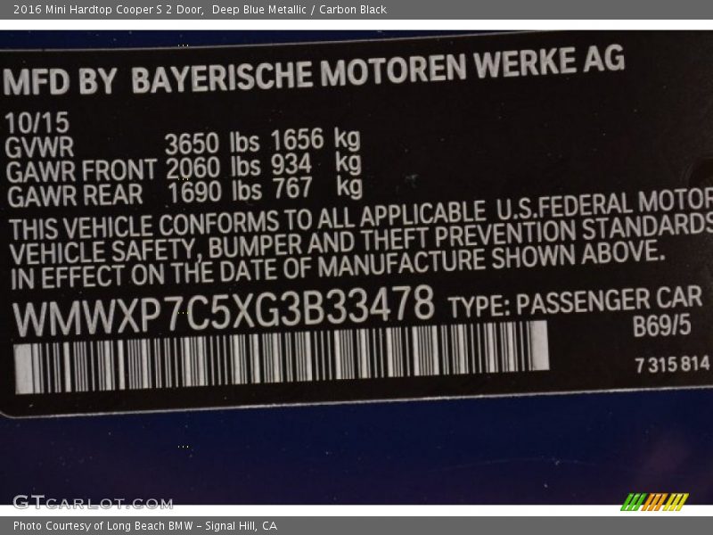 Deep Blue Metallic / Carbon Black 2016 Mini Hardtop Cooper S 2 Door