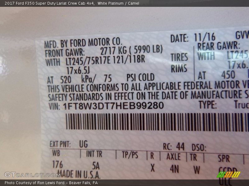 2017 F350 Super Duty Lariat Crew Cab 4x4 White Platinum Color Code UG