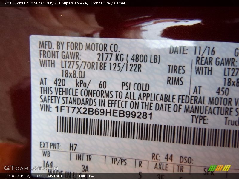 2017 F250 Super Duty XLT SuperCab 4x4 Bronze Fire Color Code H7