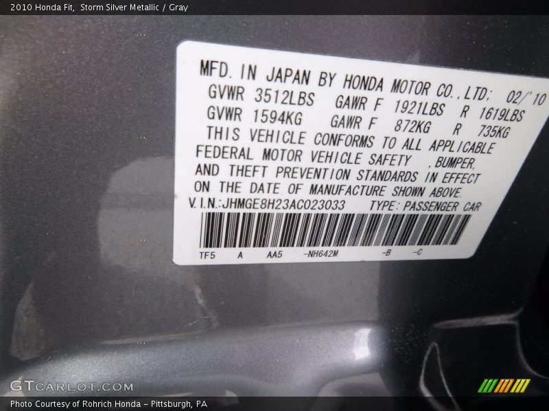 Storm Silver Metallic / Gray 2010 Honda Fit