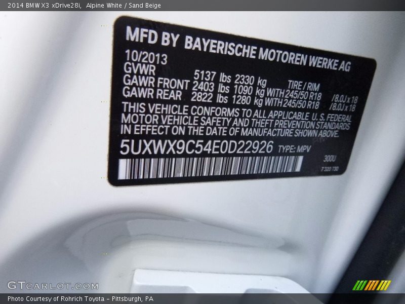 Alpine White / Sand Beige 2014 BMW X3 xDrive28i