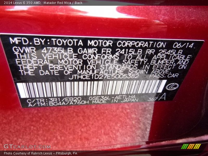 Matador Red Mica / Black 2014 Lexus IS 350 AWD
