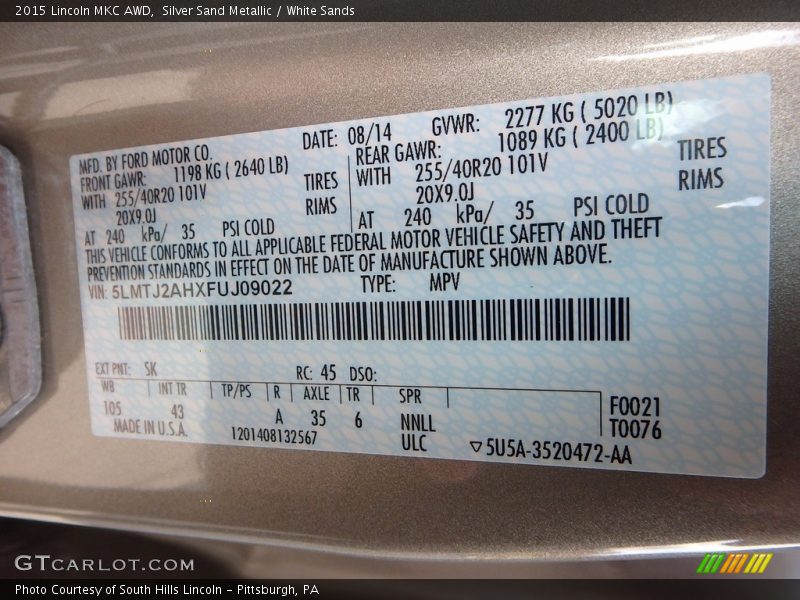 Silver Sand Metallic / White Sands 2015 Lincoln MKC AWD