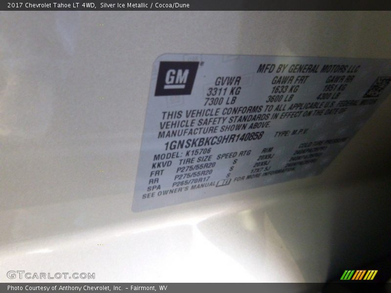 Silver Ice Metallic / Cocoa/Dune 2017 Chevrolet Tahoe LT 4WD