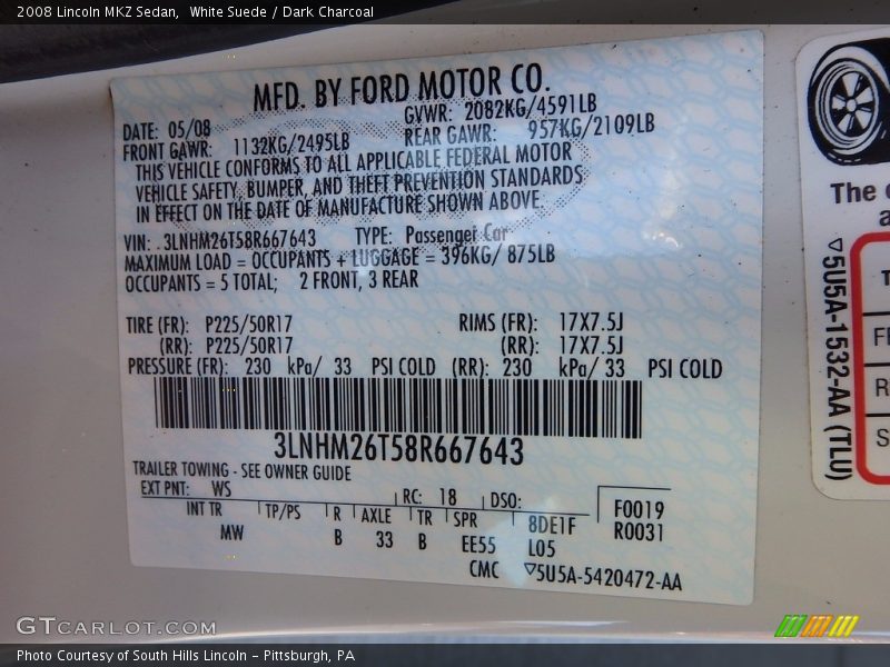 White Suede / Dark Charcoal 2008 Lincoln MKZ Sedan