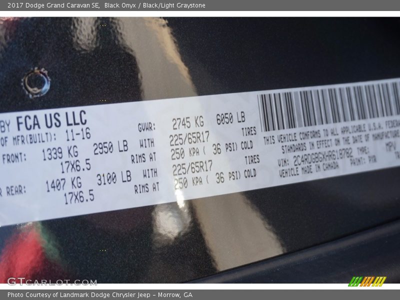 2017 Grand Caravan SE Black Onyx Color Code PXR